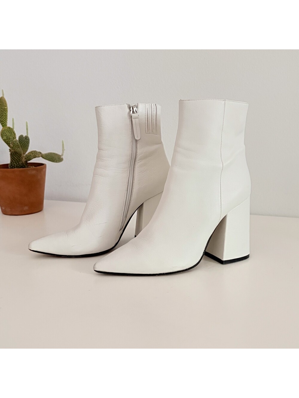 White Leather Boots Western Pointed Toe Block Heel Side Zipper